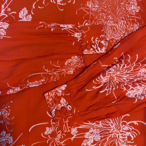 Long Sleeved Orange Chrysanthemum Print Dress - Picture 3 of 12